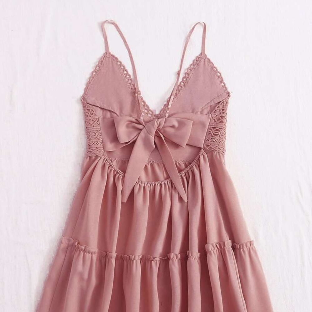 016 Boho Pink Floral Crochet Back Tie Ruffle dress - Picture 3 of 4